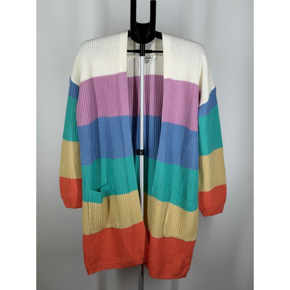 Davi & Dani Rainbow Striped Cardigan Sweater Long Open Front Multi Color Large